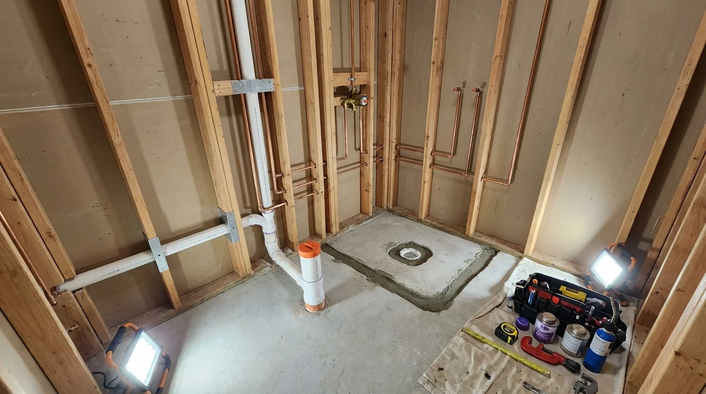 Bathroom rough-in plumbing during remodel by Johns Plumbing LLC in Schnecksville