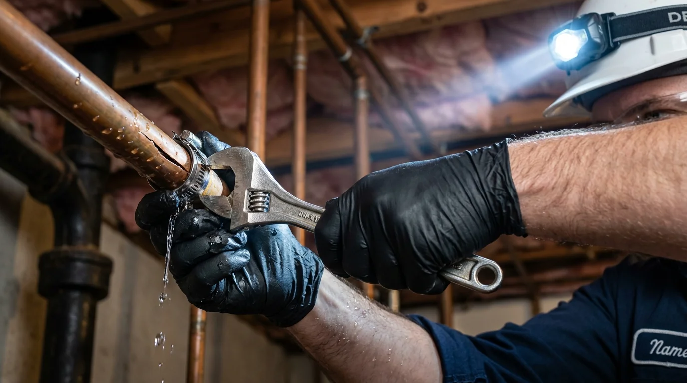 Emergency pipe clamp repair being performed by a Johns Plumbing LLC plumber in Schnecksville