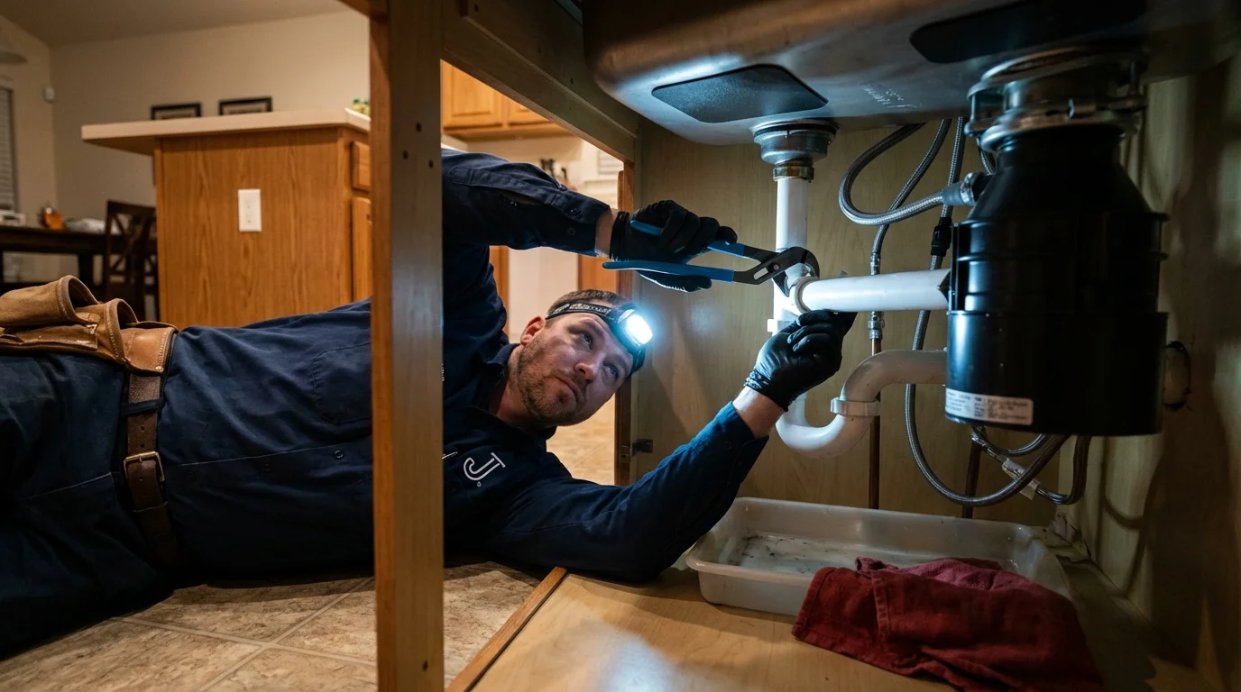 P-trap and supply line connections under a kitchen sink showing a common leak point in Schnecksville, PA